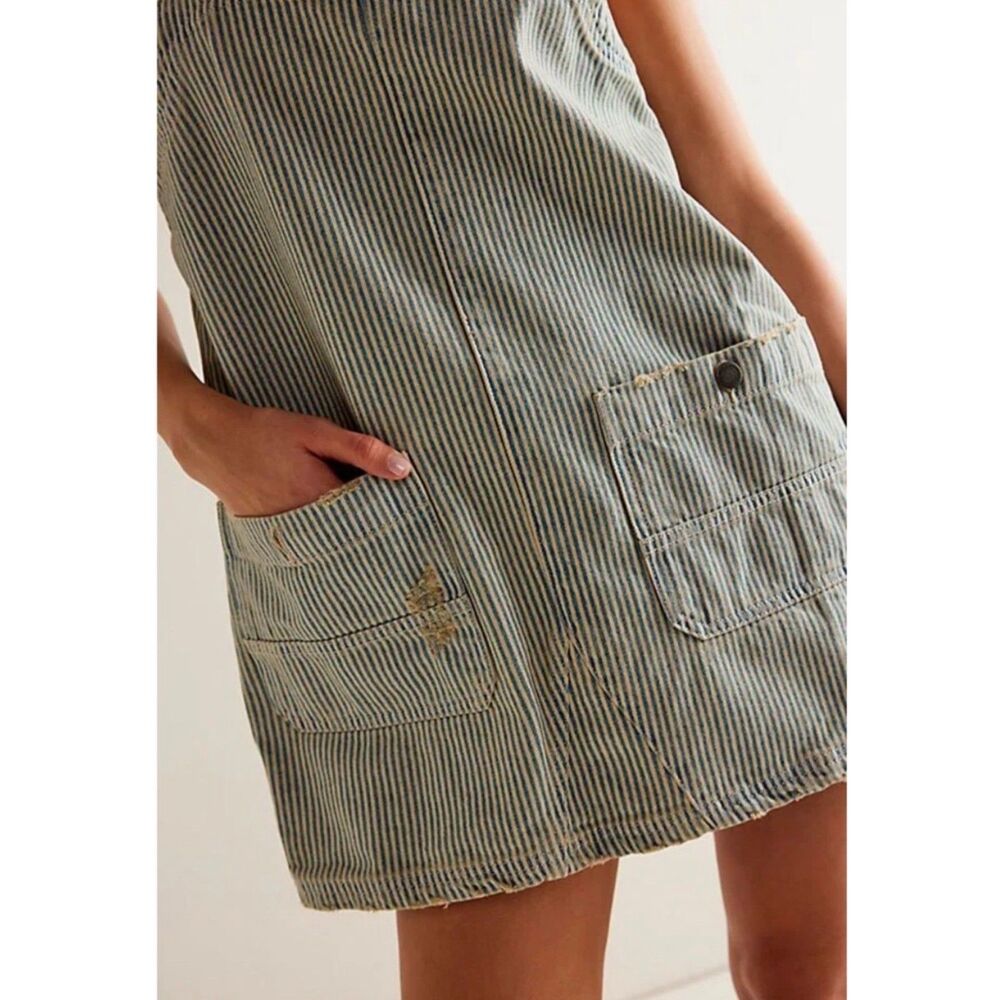 Free People | Striped overall denim distressed dress sz Small - Picture 2 of 7